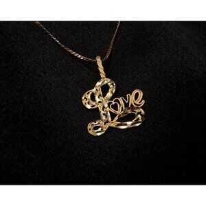 14K Solid Gold Chain Necklace With "Love" Script Pendant Elegant Design
